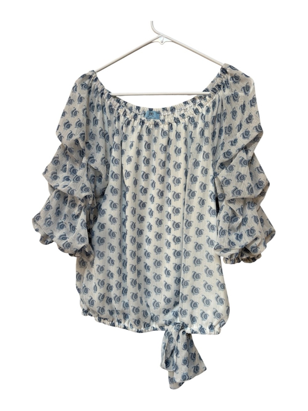 CeCe Blue Paisley Metallic Ruffle Sleeve Off Shoulder Blouse L